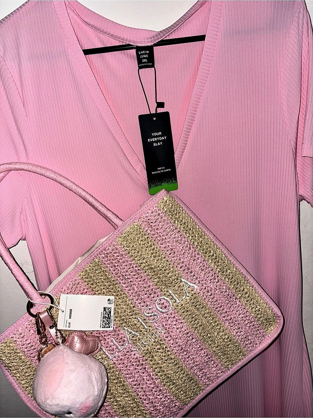 NWT SHEIN Curve 3XL Pink V-Neck Dress & H&M Bella Isola Straw Tote Bundle 🌸